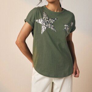 NEXT Brand Khaki Green Sparkle Sequin Stars 100% Cotton T-Shirt SIZE US 6